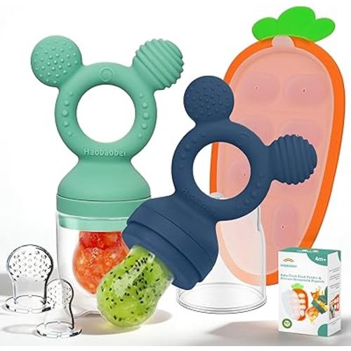Baby Fruit Feeder 2 Pack with Freezer Tray, 4 Silicone Pouches in 3 Sizes, Breastmilk Popsicle Mold, Food Feeder Pacifier and Silicone Teether for Teething Relief, 4+ Months