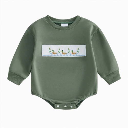 mgoYE Baby Boy Hunting Outfit Duck Embroidery Baby Romper Long Sleeve Crew Neck Bodysuit Newborn Infant Spring Fall Clothes(Green,3-6 Months)