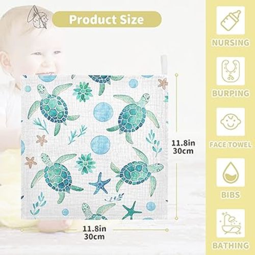 Burbuja Watercolor Sea Turtle Baby Washcloths - Muslin Cotton Soft Absorbent Baby Towel for Newborn Baby Sensitive Skin - Baby Essential Item, 12x12 in, 3 Pack