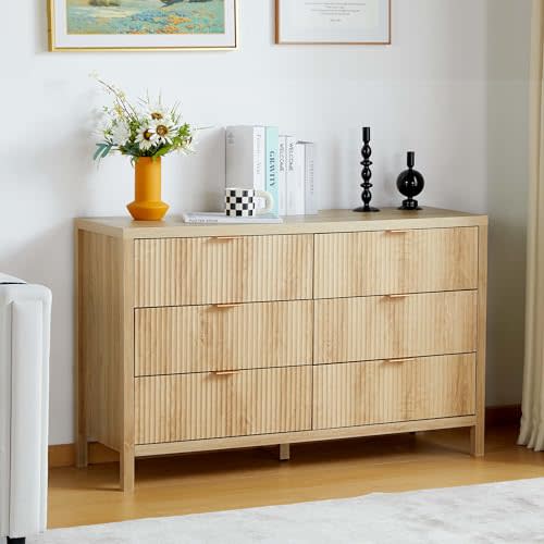 wirrytor 6 Drawer Double Dresser for Bedroom, Modern Closet Dressers Chest of Drawers with Fluted Panel,Wide Wood Storage Dresser Organizer for Nursery Bedroom Living Room Hallway Closet,Natural