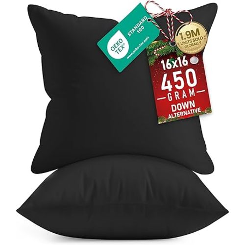 Utopia Bedding 16x16 Pillow Inserts, Set of 2, Black – Indoor Decorative Throw Pillows for Bed, Sofa & Couch – Soft, Supportive & Fluffy Cushion Inserts