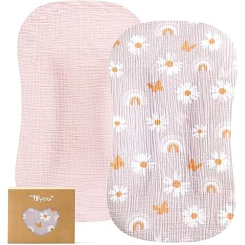 TILLYOU Muslin Baby Lounger Cover, 100% Cotton Newborn Lounger Cover, 2 Pack Baby Nest Slipcover for Boys Girls, Cover Only, Pink Butterfly