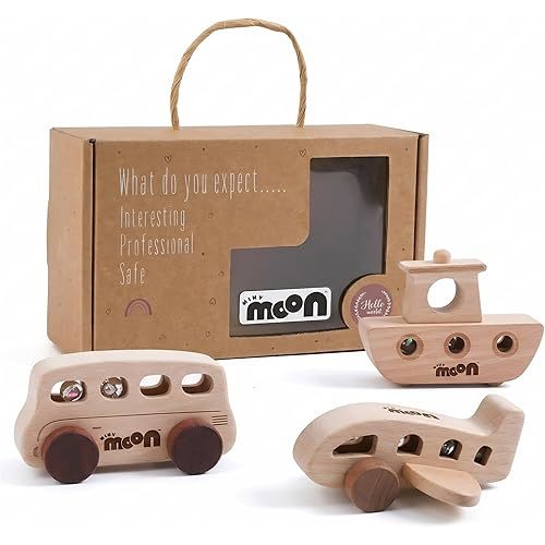 MINYMOON Wooden Toys for 1 Year Old – Montessori Baby Toy Set with Bus, Airplane & Boat – Minimalist Nursery Decor & Teething Safe Infant Toys for Boys and Girls – 3 Piece Ergo-Fit Toddler Car Set