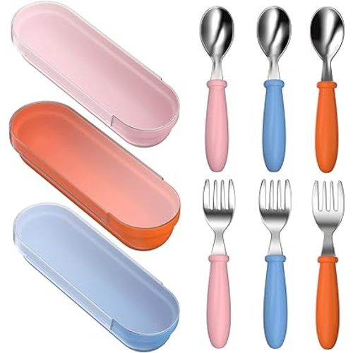 Toddler Utensils, Toddler Forks and Spoons, Baby Stainless Steel Silverware Set with Storage Box for Self Feeding Safe, Dishwasher Safe (3 Set with Case)