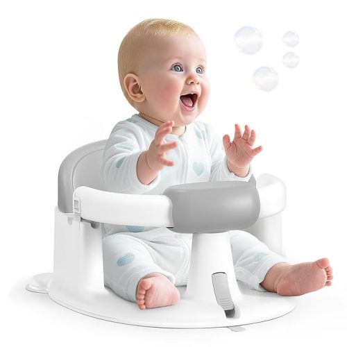 PANUSU Baby Bath Seat Baby Bathtub - with Strong Suction Cups and 360° Surround Support – Easy Release, Non-Slip Cushion, Lockable Armrests – Infant Bath Chair for Babies 6-24 Months, Grey