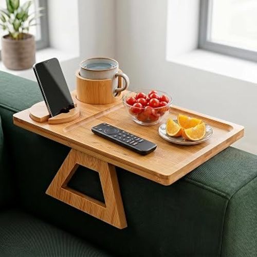 Couch Armrest Table with Cup Holder, 4-in-1 Bamboo Sofa Arm Tray with 360° Phone Holder, Non-Slip Clip-on Armrest Tray for Drinks, Snacks, Remote Control, Extra Large Arm Table Tray