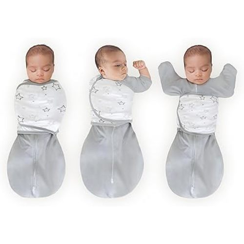 Amazing Baby Omni Transitional Swaddle, Swaddle Sleep Sack with Wrap & Arms Up Sleeves & Mitten Cuffs, Gray Stars, Small, 0-3 Months