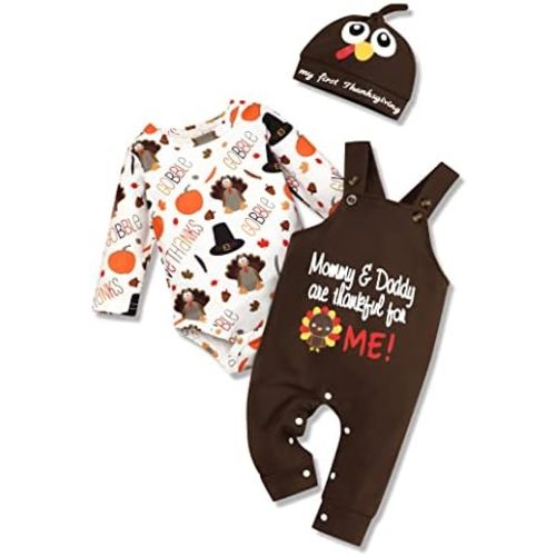 My First Thanksgiving Outfit Newborn Baby Boy Cute Turkey Pattern Bodysuit + Suspender Pants + Hat Thanksgiving Clothes Set