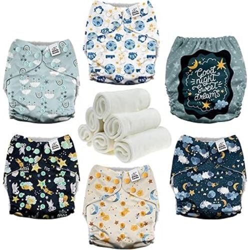 Mama Koala 3.0 Cloth Diapers for Babies with AWJ Lining, 6 Pack with 6 Natural Cloth Diaper Inserts - Reusable and Washable Pocket Diapers (Clear Night)