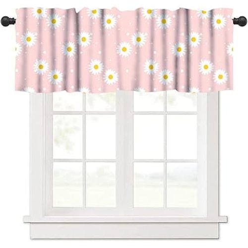 Pink White Daisy Valance Curtain, Cartoon Cute Spring Colorful Daisy Floral Print Rod Pocket Short Window Treatment for Girls Bedroom Living Room Kitchen, 54x18inch