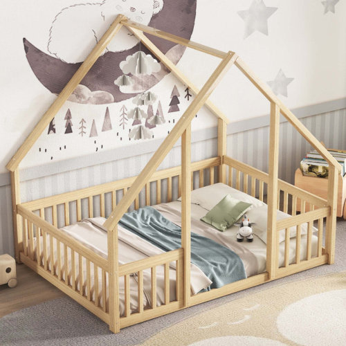 Harper Orchard House-Shaped Floor Bed With Fence, Guardrails & Reviews | Wayfair