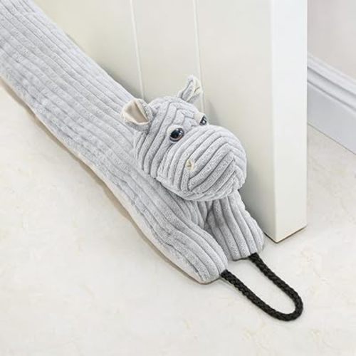 Marwood Under Door Draft Stopper Decorative Wind Stopper 32 inch for Door & Window, Weighted Animal Air Draft Stopper Snake Noise Blocker for Bottom of Door with Hanging Loops - Hippo