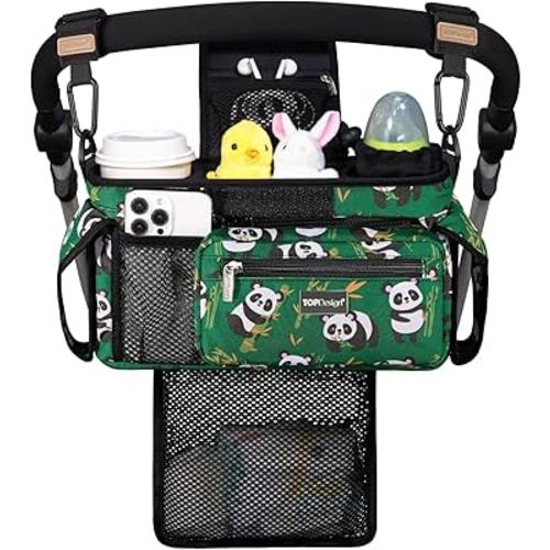 TOPDesign Universal Baby Stroller Organizer, Stroller Caddy with Detachable Mesh Bag & Heightened Insulated Cup Holders & Non-Slip Secure Hooks Accessories, Fits Most Strollers (Pandas)