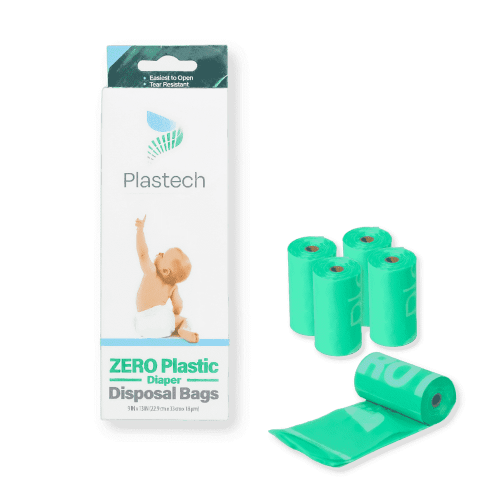 Plastech Diaper Disposal Bags - ZERO Plastic, 100% Certified Home Compostable, Plant-Based, 9 x 13 inches, 75 Bags, 5 Rolls, Green