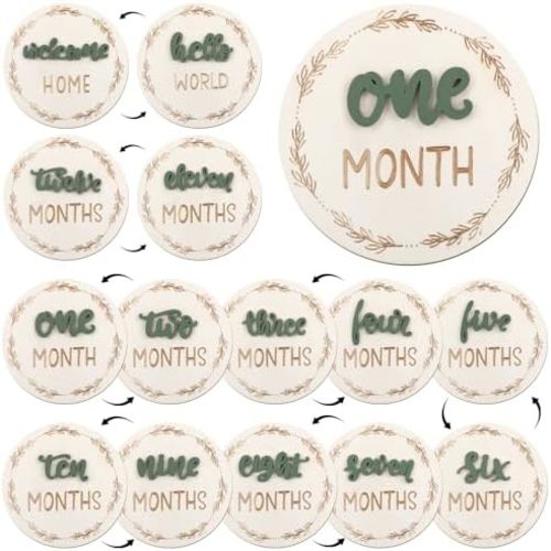 7 Pack Baby Monthly Milestone Cards Sign, Double Sided Baby Milestone Signs Wooden Marker Discs for 1-12 Months Baby Milestone Pictures Baby Shower Gifts