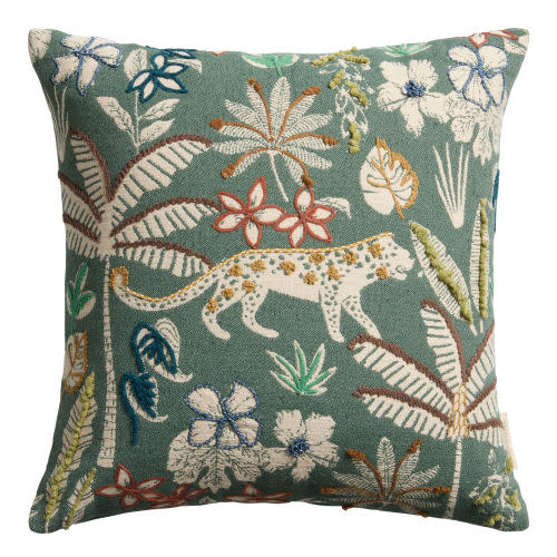 Dark Teal Jungle Jacquard Embroidered Throw Pillow - World Market