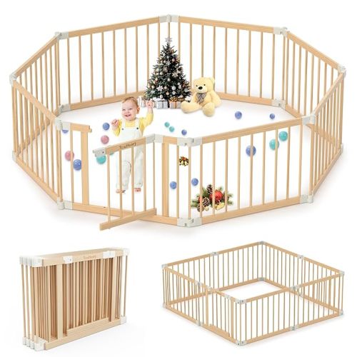 Wooden Baby Playpen Foldable Play Pen for Infants & Toddlers Portable Wood Baby Gate with Lock | 8-12 Panels Expandable & Adjustable Play Yard for Kids | 23.9 * 35.5IN (8 Panels)