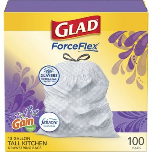 Glad ForceFlex Tall Kitchen Drawstring Trash Bags - Febreze Mediterranean Lavender - 13gal/100ct: Plastic, Extra Strength