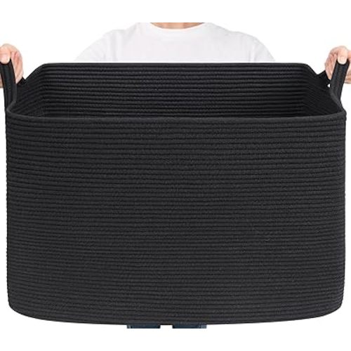 Goodpick Large Woven Storage Basket, 105L Extra Large Blanket Basket for Living Room, Bedroom, Rectangle Cotton Rope Organizer for Toy Storage, 25”x16”x16”, Black
