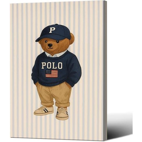 Funny Sports Leisure Teddy Bear Poster Minimalist Blue Sweater Hat Animal Wall Art Canvas Printed Posters For Home Bedroom Dorm Bathroom Wall Decor 12X18 in Wrapped Framed Ready To Hang