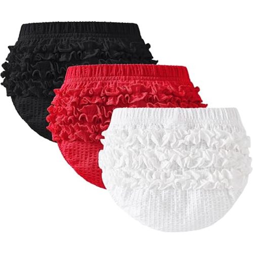 SOBOWO Baby Girl Bloomers 3-Pack Ribbed Ruffle Diaper Covers 0-24M