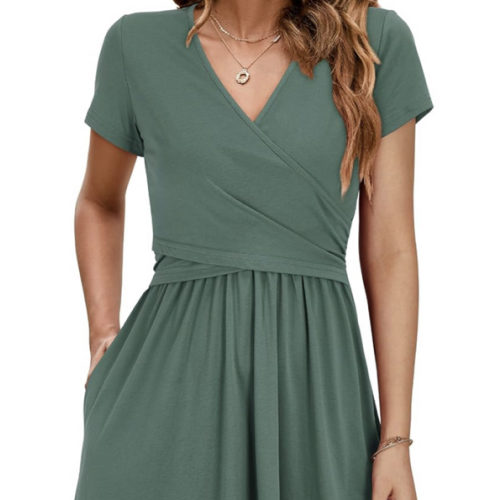 OUGES Maternity Nursing Dress Breastfeeding Short Sleeve V Neck Casual Pregnancy Clothes with Pockets