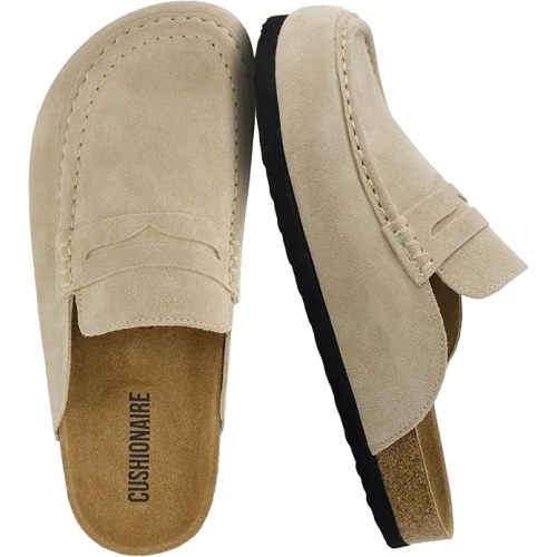 CUSHIONAIRE Fondu Genuine Leather Mule Clogs for Women, Comfortable Slip On Womens Shoes with Penny Strap Accent and Memory Foam Footbed
