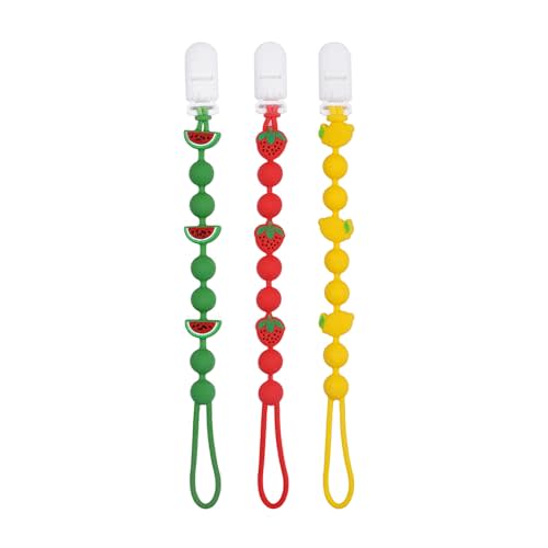 Cute Fruits Silicone Pacifier Clip Holder,Pack of 3,Flexible One Piece Design Paci Leash,Binky Clips for Baby Boys and Girls,Newborn Essential. (Lemon,Watermelon,Strawberry)