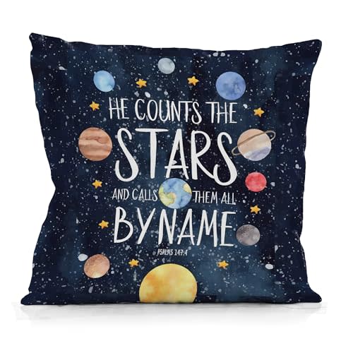 URLLUAE Space Pillow Covers 18x18, Christian Bible Pillow Covers for Kids, Outer Space Decor for Boys Room Room Nursery Decor, Psalms 147:4 Starry Sky Theme Decorative for Kids Bdroom