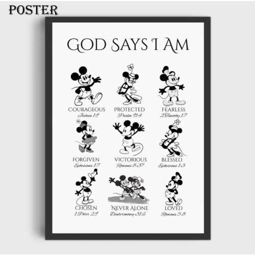 Says I Am Mickey Minnie Mouse Poster/ Canvas, Classic Biblical Affirmations Nursery Decor, Kids Room Decor, Classic Cartoon Print