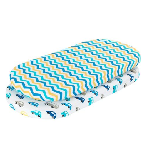 Everyday Kids 2-Pack Bassinet Sheets - 100% Cotton Jersey Knit Cars & Chevron, Fits Bassinet, Bedside Co-Sleeper, Oval & Rectangle Mattresses