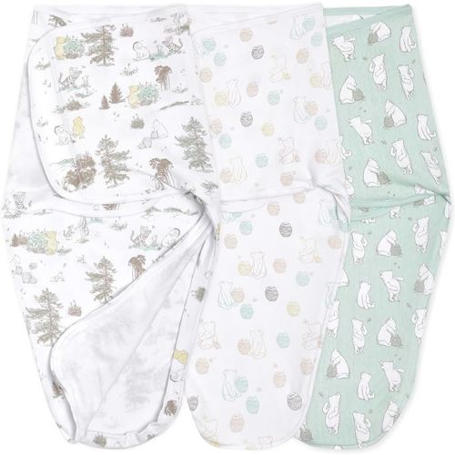 aden + anais Essentials Easy Swaddle Wrap Quick Change with Bottom Zipper, Snug Cotton Knit Baby Wrap Swaddle Blanket for Newborns, TOG 1.0, 3 Pack, Winnie, 0-3 Months, Small/Medium