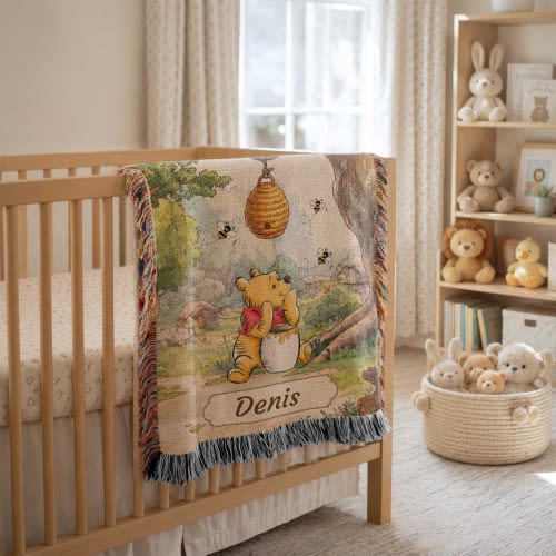 Pooh Nursery Personalized Baby Blanket | Custom Name Woven Blanket | Heirloom Baby Gift Storybook Keepsake