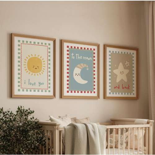 Set of 3 Celestial Nursery Prints: Sun, Moon, Stars Wall Art (Digital Download)