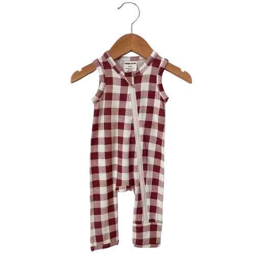 Sleeveless Zip Romper, Mulberry Plaid