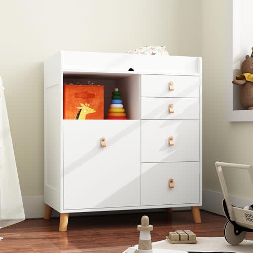 ROMSHINE Baby Dresser with Changing Table Top, 5 Drawers Nursery Dresser with Removable Guard, Infant Diaper Changing Station Baby Cloth Organizer for Nursery and Kids Bedroom, White - 33.5" W