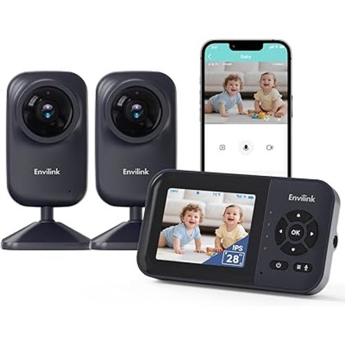 Video Baby Monitor with 2 Cameras, App Connectivity, 1200ft Range, Vox Mode, 2-Way Talk, Night Vision, Temperature Detection, Lullabies, Sound Detection, 2.8" IPS Screen