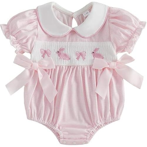 Easter Outfit Baby Girl Smocked Clothes Embroidery Short Puff Sleeve Stripe Romper My First Easter Clothes