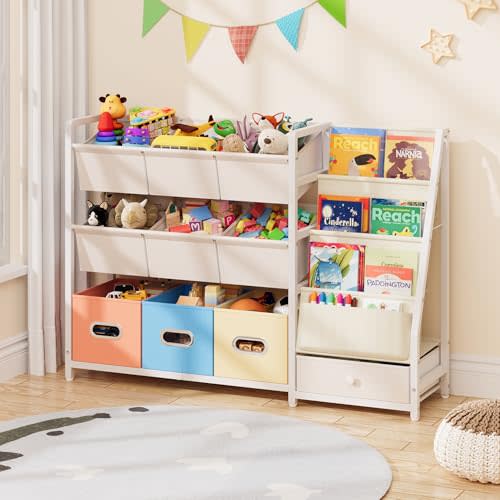 Toy Storage Organizer - Kids Bookshelf with 3 Shelf and 10 Storage Bins | Montessori Playroom Storage for Toddler, Baby, book shelf for kids rooms