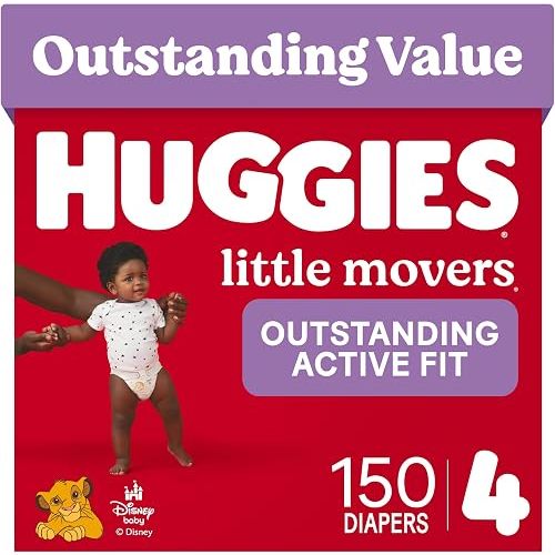 Huggies Size 4 Diapers, Little Movers Baby Diapers, Size 4 (22-37 lbs), 150 Count (6 Packs of 25), Packaging May Vary