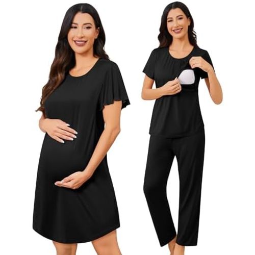 SWOMOG 3PCS Maternity Nursing Nightgown & Pajamas Set Short Sleeve Pjs for Breastfeeding Hospital Pregnancy Lounge Sets