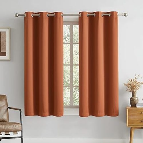 DUALIFE Rust Orange Blackout Short Curtains for Living Room 45 Inch Length Ochre Fall Darkening Grommet Curtain for Bedroom Energy Efficient Thermal Insulated 38 x 45 in