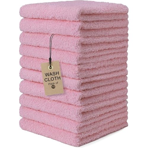 Textila Terry Wash Cloths – Pack of 10, Baby Pink, 12x12 Inches – Soft, Absorbent & Multipurpose Cotton Washcloths for Face, Hand, Bath, Kitchen, Spa, Gym & Hotel Use