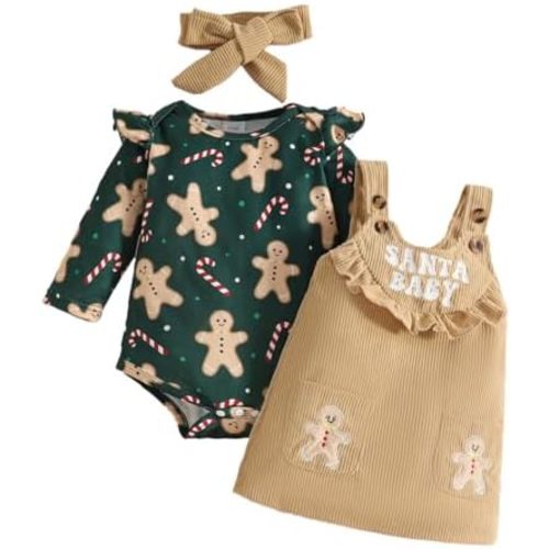 My First Christmas Baby Girl Outfit Ribbed Romper Corduroy Overall Dress Cute Newborn Christmas Clothes