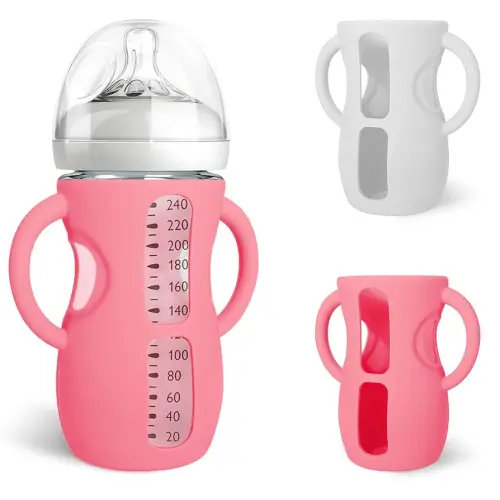 Silicone Sleeves for Avent Natural Glass Baby Bottles, BPA Free, Anti Breakage Baby Bottle Holder (Pink + White, 8 Ounce)