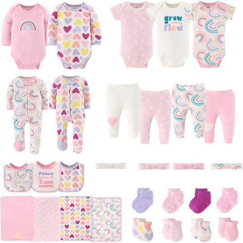 The Peanutshell Baby Layette Gift Set for Girls - 30 Piece New Born Girl Gift Set, Baby Clothes & Newborn Essentials Must Haves - Newborn Clothes 0-3 Months - Pretty Sweet