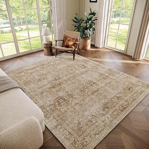 Washable 5x7 Area Rugs for Living Room, Boho Non-Slip Vintage Distress Rugs for Bedroom Dining Room Nursery Office, 0.3" Neutral Oriental Throw Thin Carpet with Cushioning Pad, Brown/White/Multi