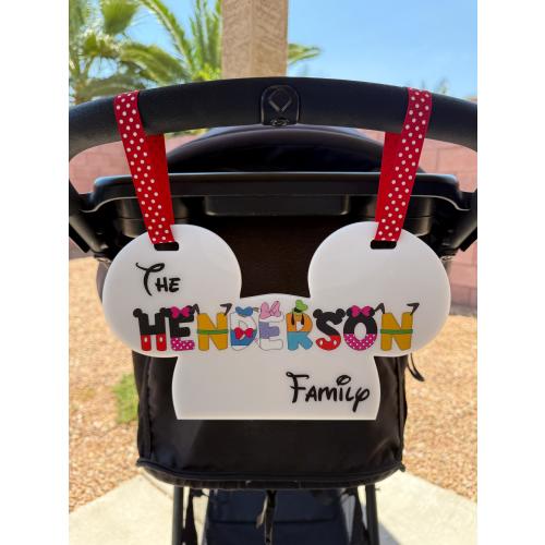 Personalized Acrylic Family Name Stroller Sign, Mickey Head Theme Park Sign for Stroller, Character Theme ID Tag Disney Scooter Tag