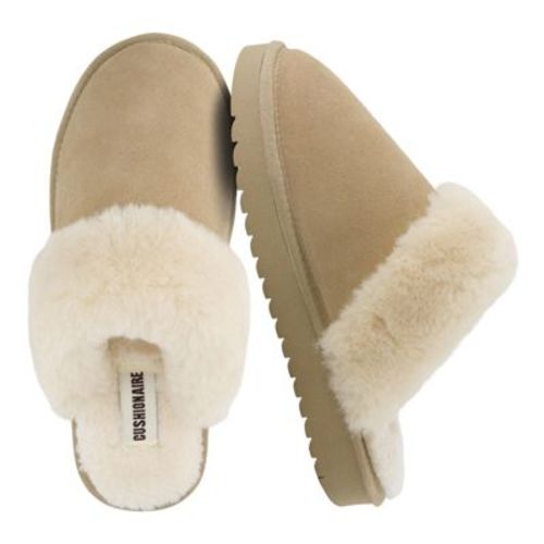 CUSHIONAIRE Hush Cozy Womens Slippers with Faux Fur Lining – Slip On Comfortable Mule House Slippers for Women Indoor and Outdoor -Biscuit 6.5
