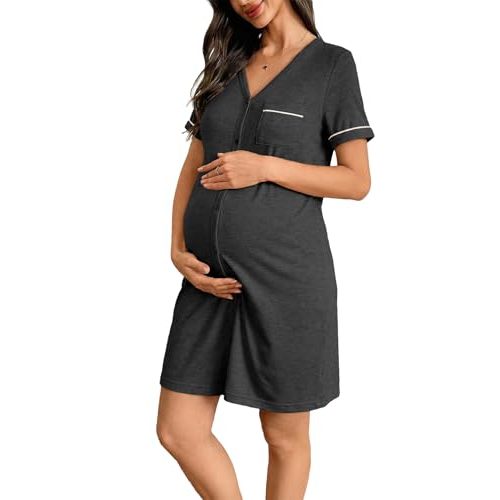 BLENCOT Women’s Labor and Delivery Night Gown for Maternity Short Sleeve V Neck Open Front Shirt Dress with Buttons